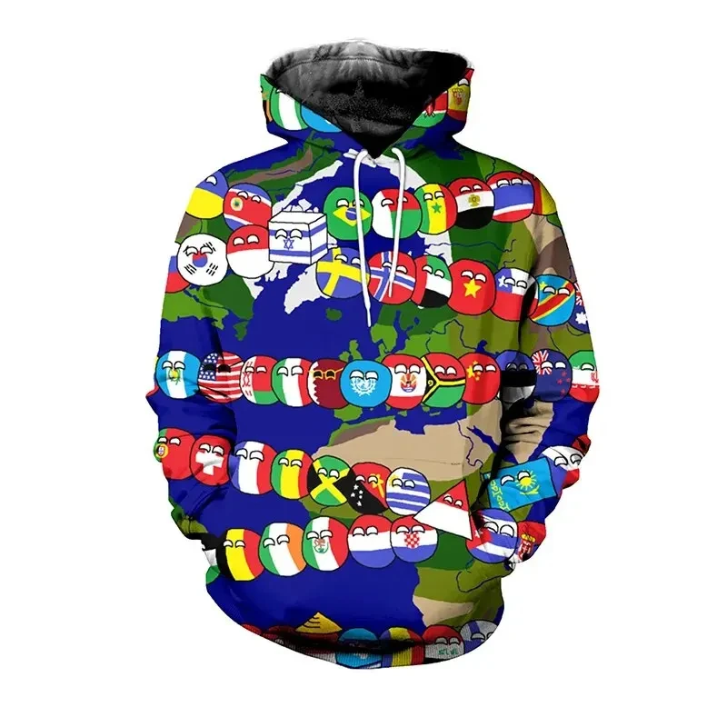 Moletom com estampa Multi-Nacional Masculino Solto, Engraçado Engraçado Padrão de Bola Pequena, Streetwear 3D Engraçado, Casual Desenhos Animados Moda