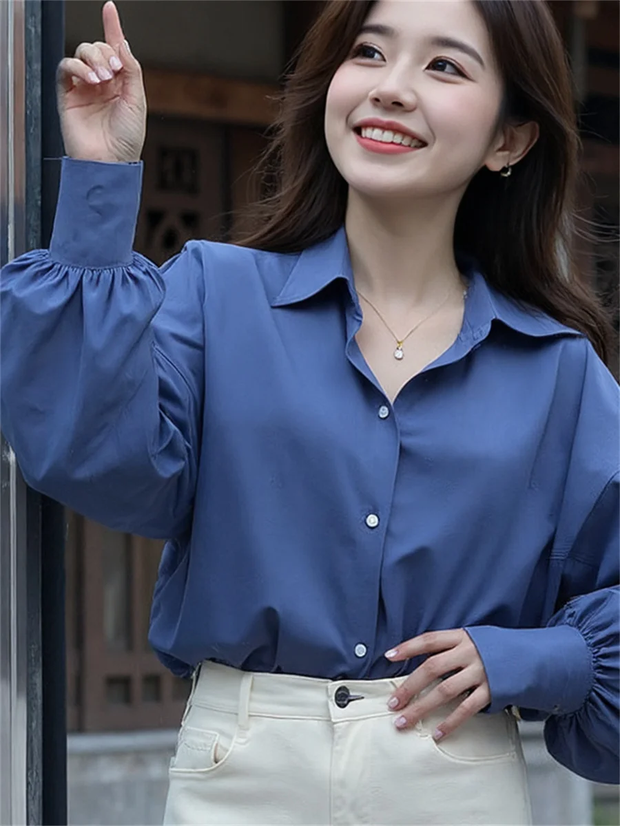 

Shirts Women Lantern Sleeve Minimalist Turn-down Collar Loose Fit S-3XL Professional Spring Autumn Chic Office Lady Refined Tops