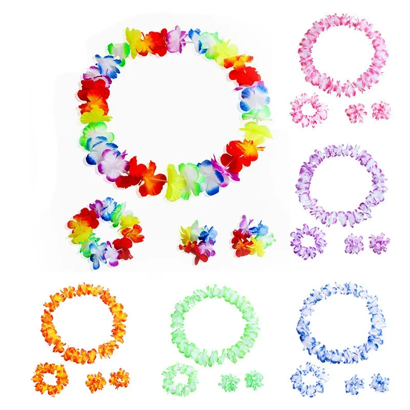 

4pcs Hawaiian Flower Lei Hula Necklace Garland Headband Wristbands Wedding Decorations Beach Tropical Party Supplies