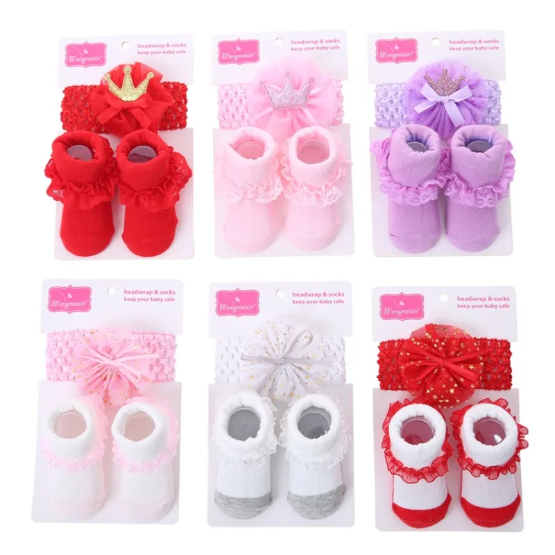 1 Set Sweet Princess Baby Headband Sock Set Fashion Solid Color Ruffle Sock Crown Headband Set Cute Newborn Photography Props