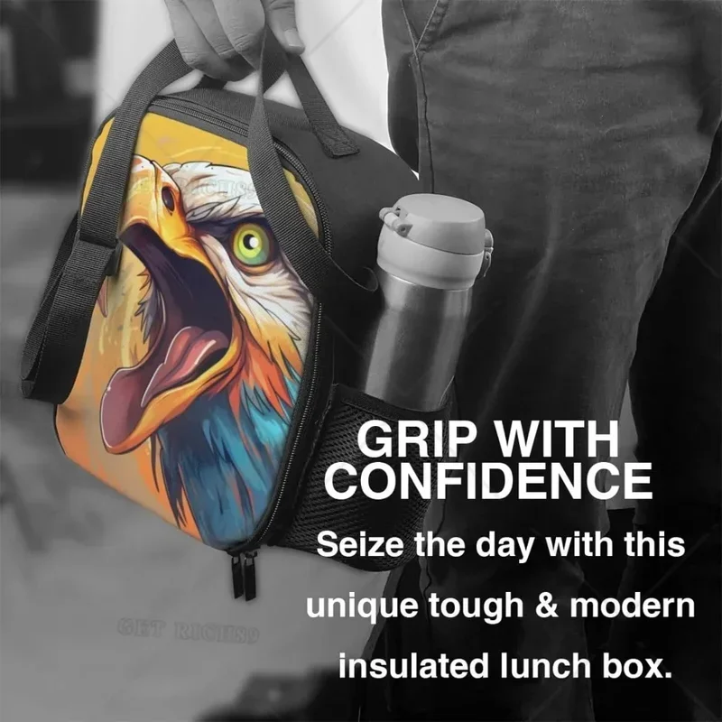 Cartoon Eagle Insulated Lunch Bag with Handle and Pocket Leak Proof Portable Lunch Box for Women Men Work Office Outdoor Picnic