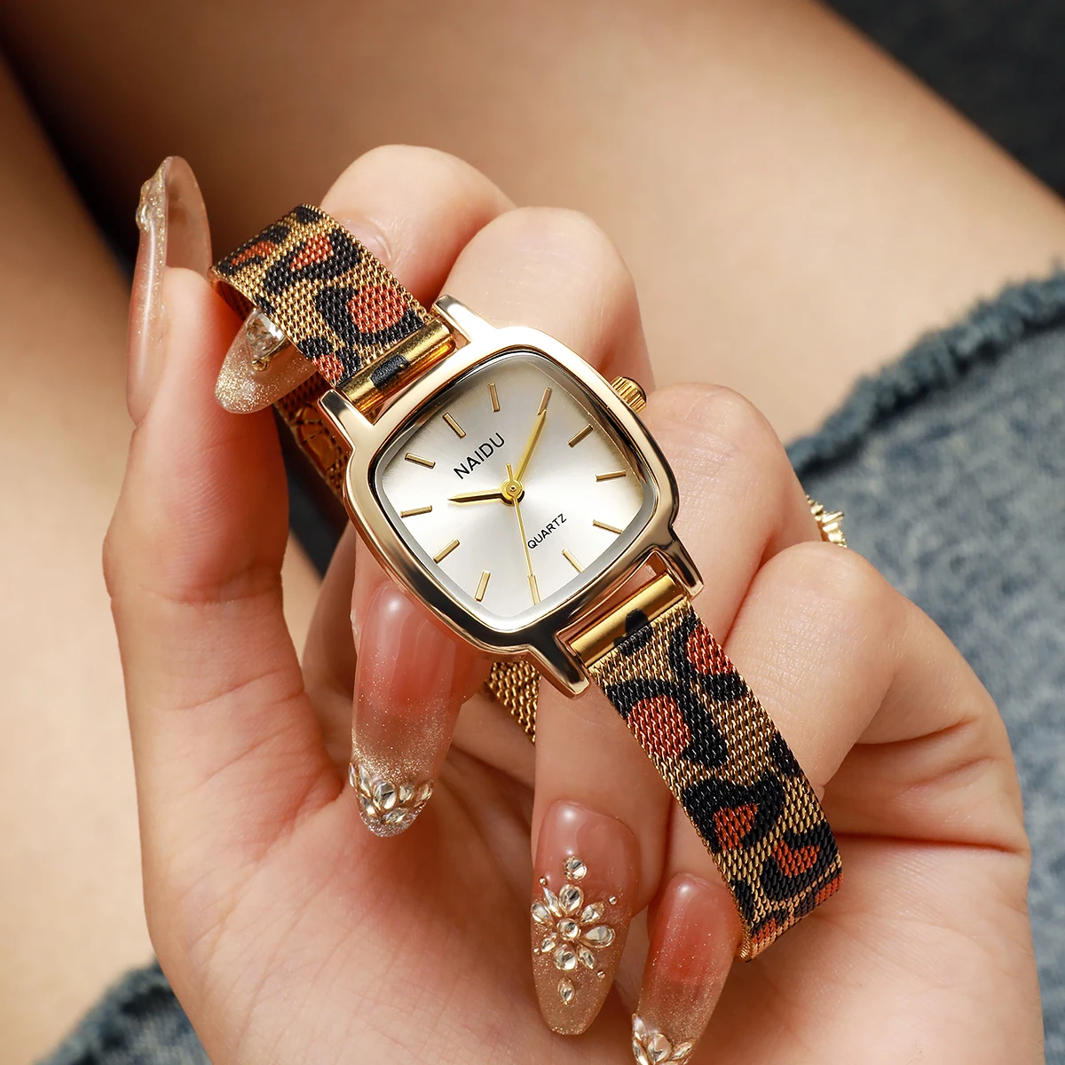 Women's Leopard Print Watch Gold Color Mesh Band Geometric Dial Fashion Dress Wristwatch Jewelry Gift