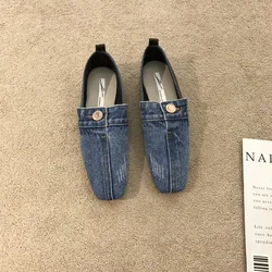 2023 New Women's Flat Square Single Shoes Office Ladies Niche Design Denim Flat Shoes Adult Girls French Bean Shoes Size 35-39