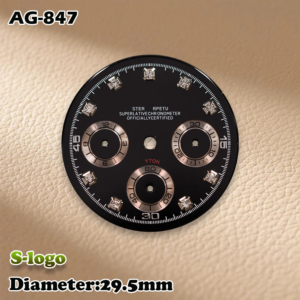 S Logo 29.5mm VK63 Panda Sunray Diamond Dial Watch for Men - Green Luminous Watch Modification Accessories