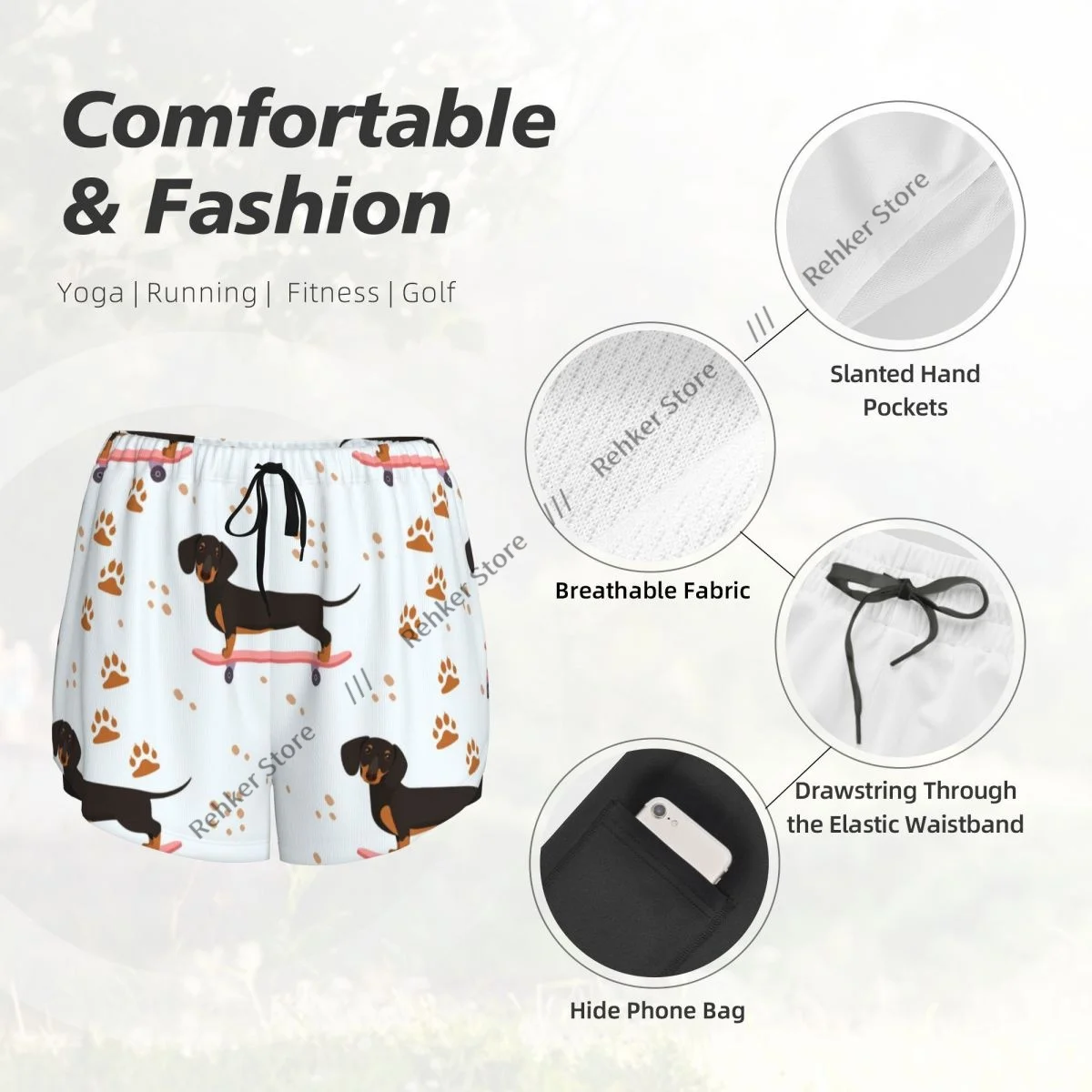 Engraçado dachshund no skate feminino dupla camada de secagem rápida shorts atléticos para lazer ao ar livre correndo fitness treino esporte