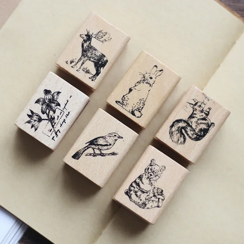 Cute Wooden Animal Stamps Rubber Stamp Scrapbooking Painting Cards Deer Panda Rabbit Flower Decor Fashion DIY Home Sewing Crafts