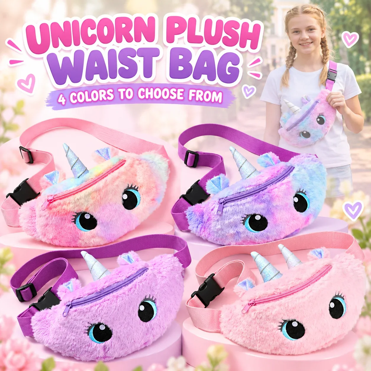 Kids Unicorn Plush Waist Bag, Adjustable Fanny Pack and Crossbody Bag for Girls, 4 Color Options