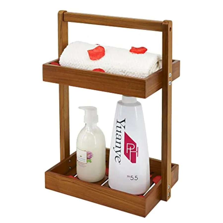 

Teak Wood Shower Caddy Corner, Bathroom Organizer Countertop, Standing Shower Rack with Handle, Stand Up Shower Basket for Sham