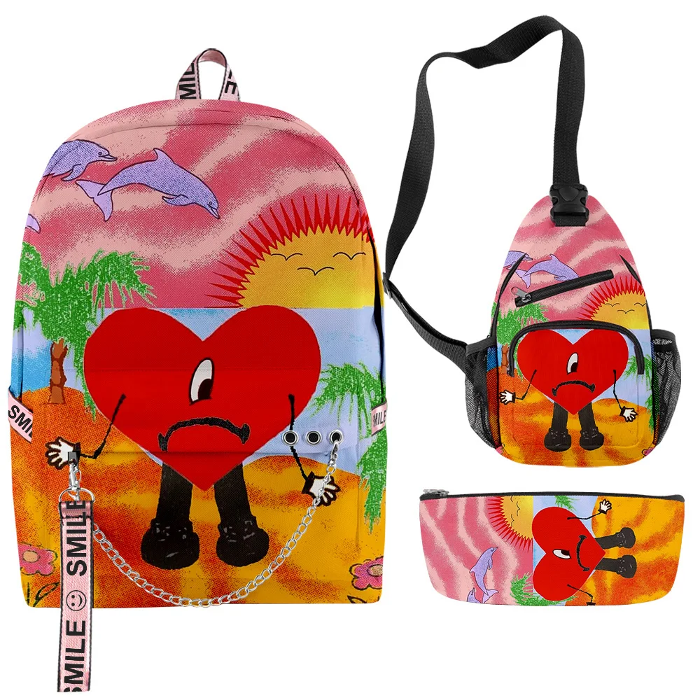

Luxury Novelty Cool Bad Bunny 3D Print 3pcs/Set School Bags multifunction Travel Backpack Chest Bag Pencil Case