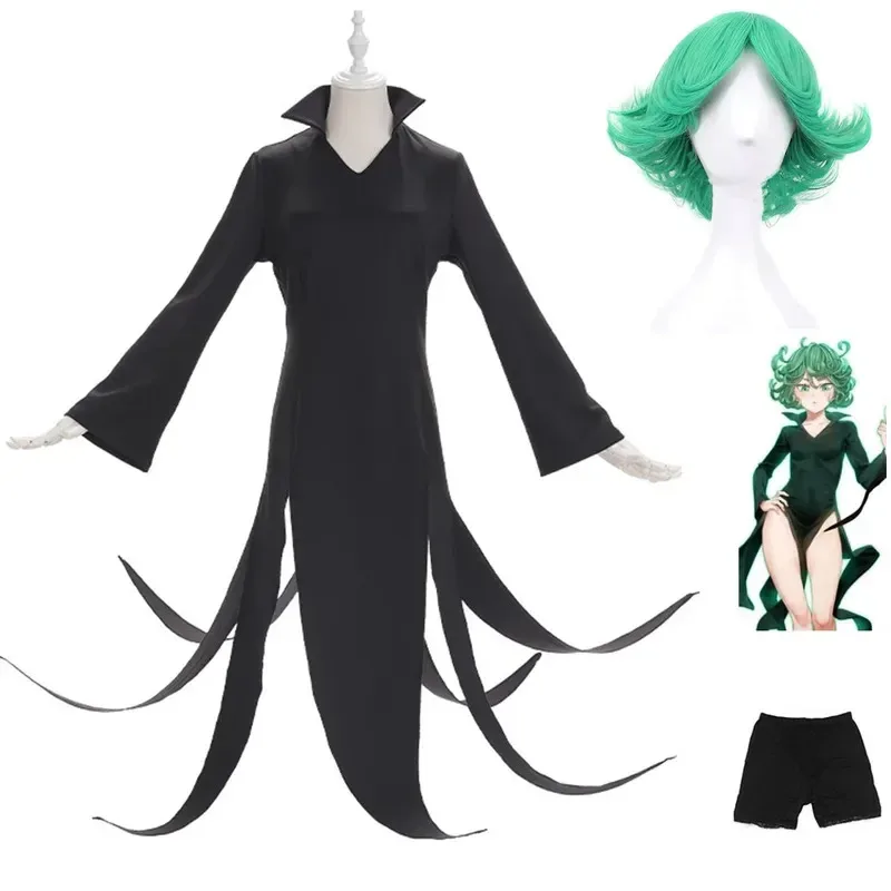 2026 Anime Terrible Tornado Senritsu No Tatsumaki One Punch-Man Cosplay disfraz peluca negro vestido dividido mujer Sexy fiesta de Carnaval