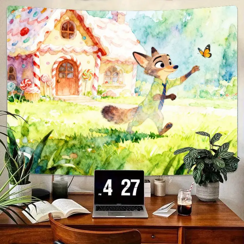 

1PC Zootopia Nick Wilde Watercolor Tapestry, Cartoon Art Cute Butterfly Gingerbread House Wall Hanging, Kids Bedroom Decor Gift