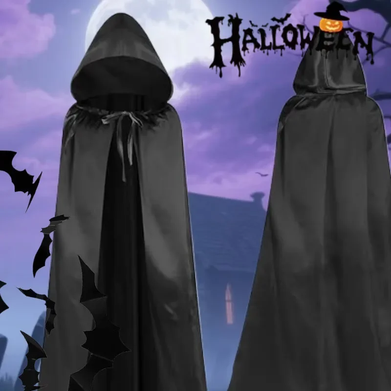 1PC Hooded Witch Cloak Soft Black Long Robe Cosplay Costume for Halloween Party Performance Holiday Decoration