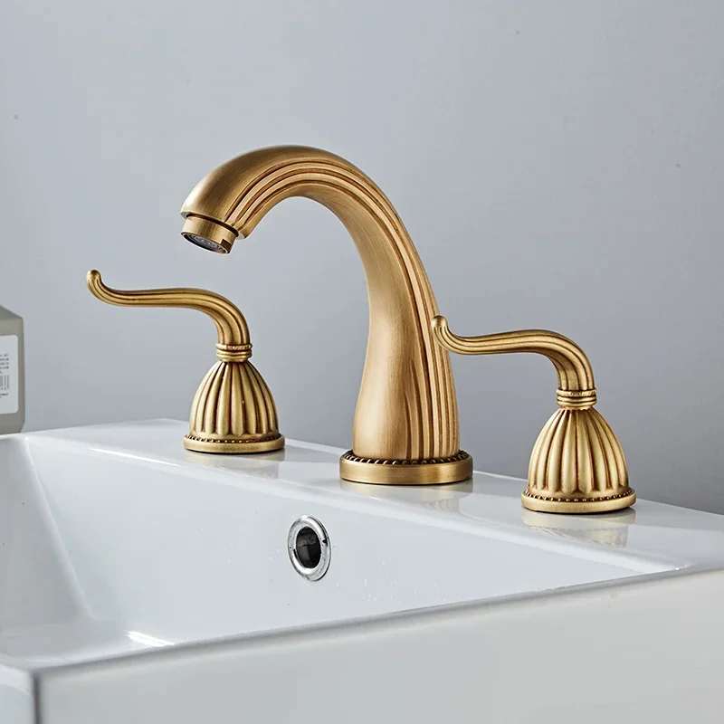 Basin Faucet Antique Bronze Bathroom Sink Faucets 3 Hole Widespread Basin Mixer Double Handle Hot And Cold Water Tap New Arrival