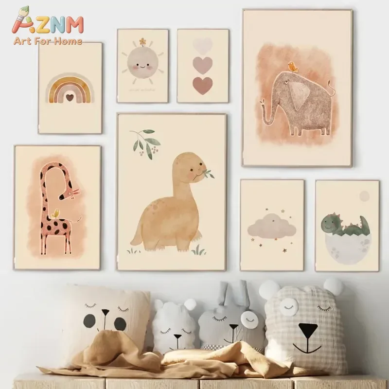 AZNM Neutral Watercolor Dinosaur Canvas Wall Art Cute Elephant Rainbow Print for Baby Nursery Decor