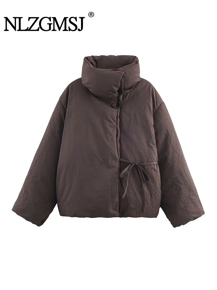 

NLZGMSJ женская хлопковая стеганая куртка 2025 зимняя толстая свободная куртка со шнуровкой и воротником-стойкой женская верхняя одежда парки Y2K