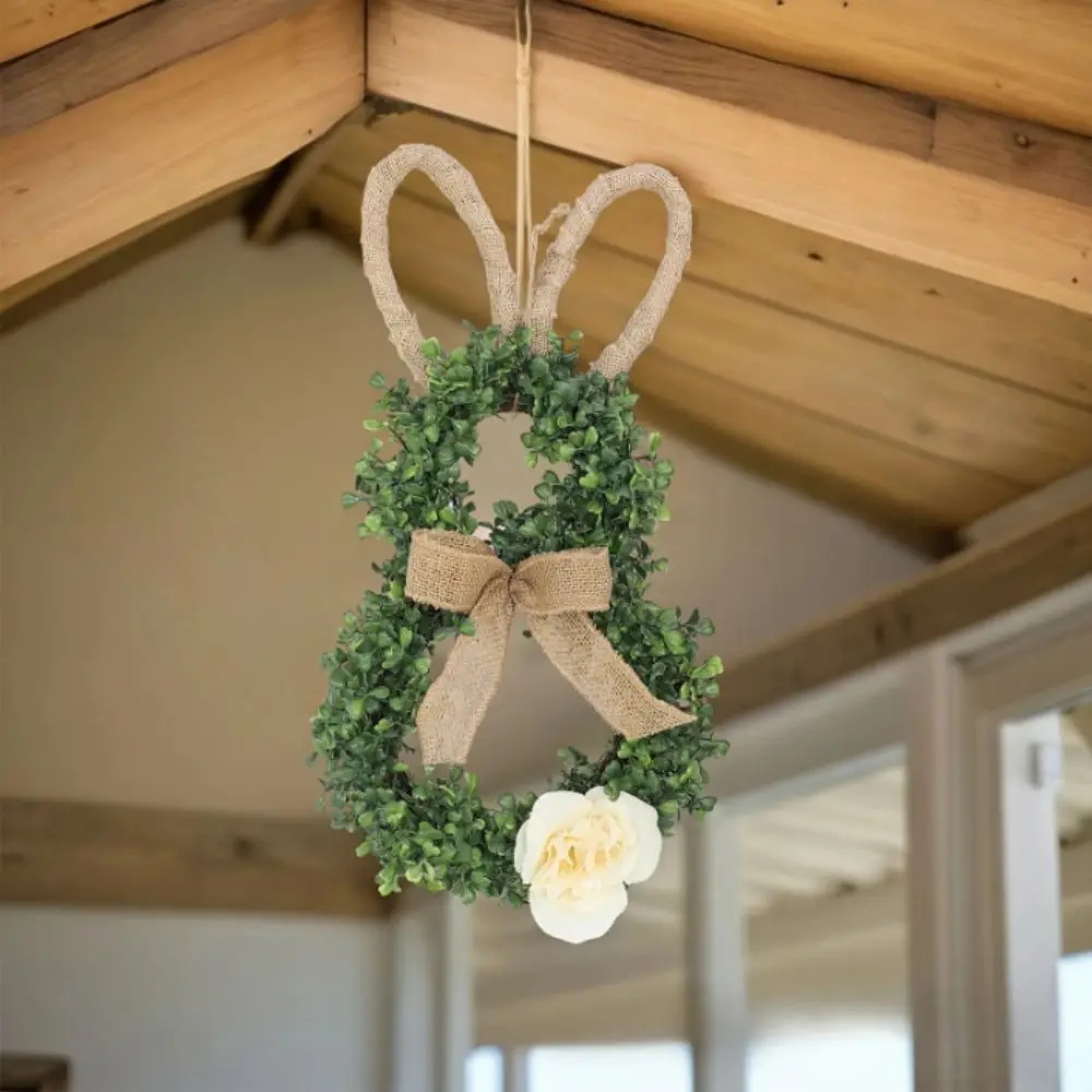 

19.6 Inch Easter Wreaths With Flower Green Plant Front Door Wreath Linen Bow Simulation Design Artificial Wreath Wall Decoration