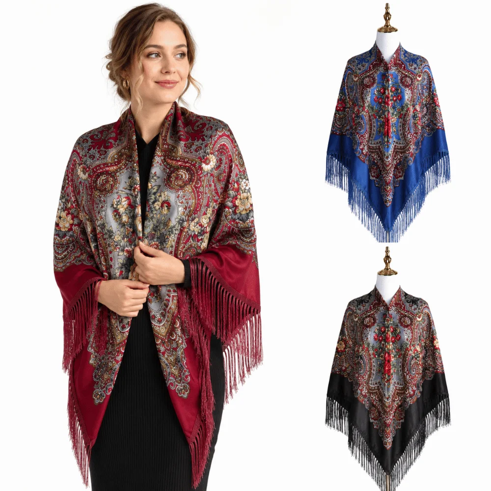 Traditional 160x160cm Square Scarf Floral Print Extra Large Shawl Wrap Cotton Tassel Bandana Scarf Travel Use
