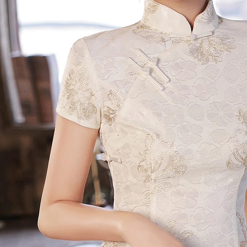 2023 White Lace Cheongsam Women Short Sleeve Traditional Vintage Dress Show Costumes Slim Embroidery Qipao Robe Chinoise Femme