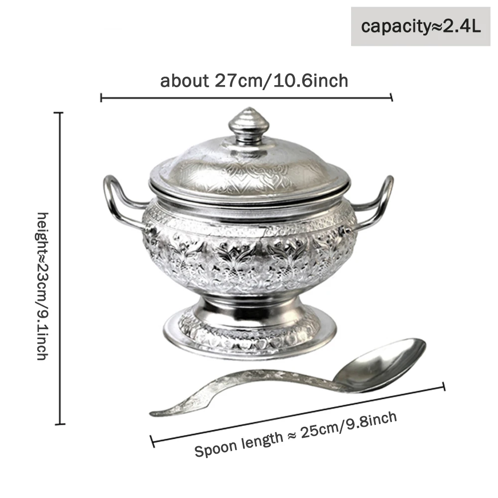 وعاء حساء من القصدير السيامي التايلاندي، وعاء توم يوم جوونج التقليدي المصنوع يدويًا، وعاء طعام بارد مع ملعقة، أدوات مائدة تايلاندية للمطبخ المنزلي