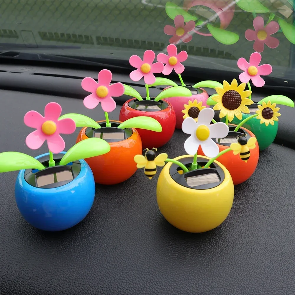 Car Ornament Solar Powered Dancing Shaking Head Cartoon Sun Flower Pot Automobile Auto Dashboard Decoration Cute Car Accessories