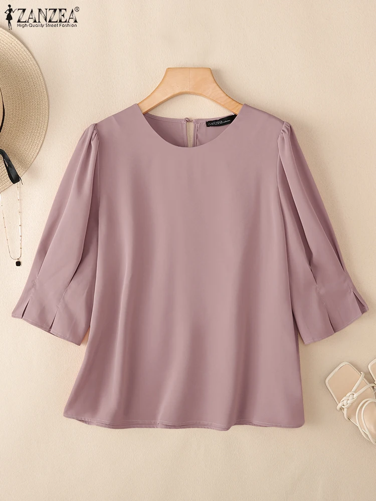 

ZANZEA, женская шифоновая блузка, мода 2025, однотонные рубашки с пышными рукавами 3/4, элегантная офисная женская туника, повседневные свободные уличные корейские топы