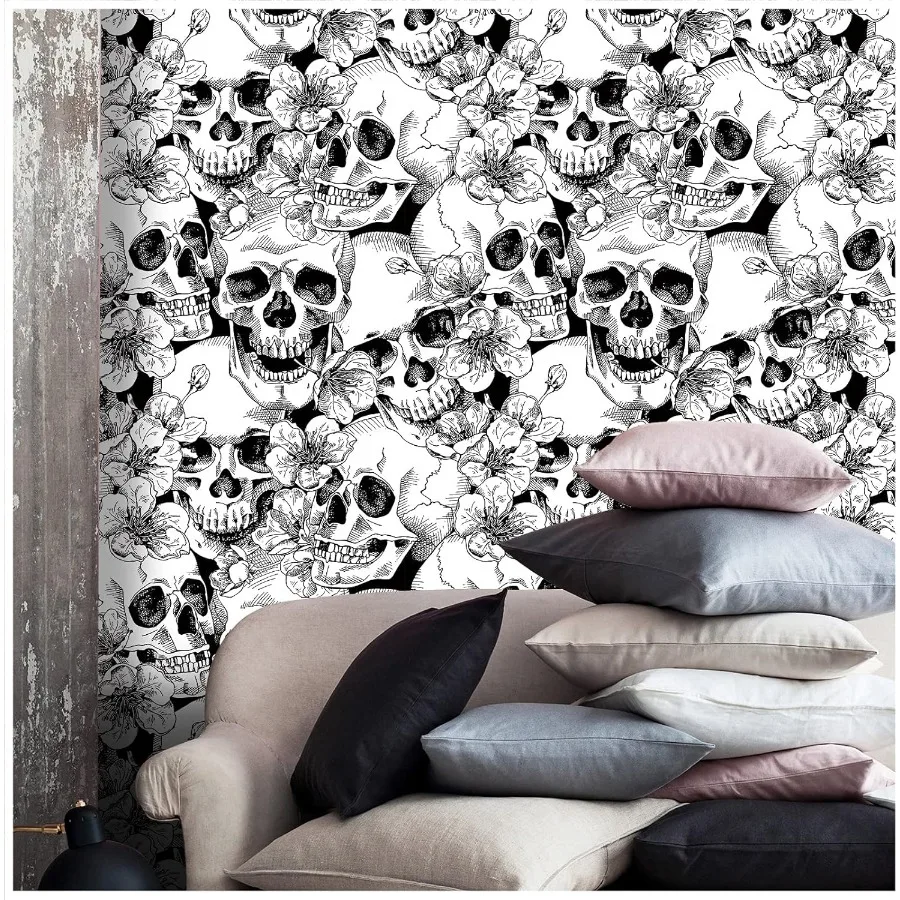 45cm Width Halloween Peel and Stick Wallpaper Sugar Skull Floral for Bedroom Black/White Removable Accent Wall Decorations