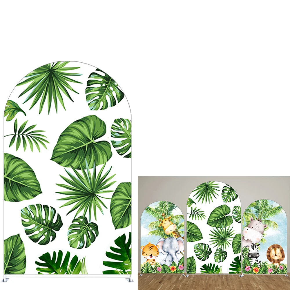 Green Leaves Arched Backdrop Cover for 1st Birthday Partied Wild One Jungle Animals Arched Wall Stands Covers GX-409