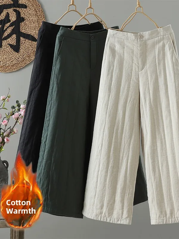 Thiened Cotton Linen Wide Leg Pants Women's Loose Casual Trousers High Waist Long Pants Winter Warm Faion Ladies' Clothing