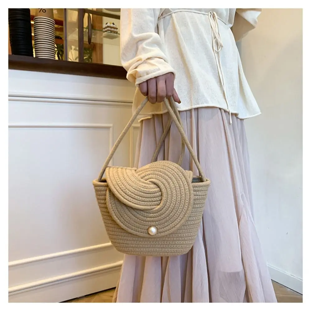 

Sweet Weave Straw Crossbody Bag French Style with Pearl Button Woven Bucket Bag Casual Portable Beach Vacation Bags Students