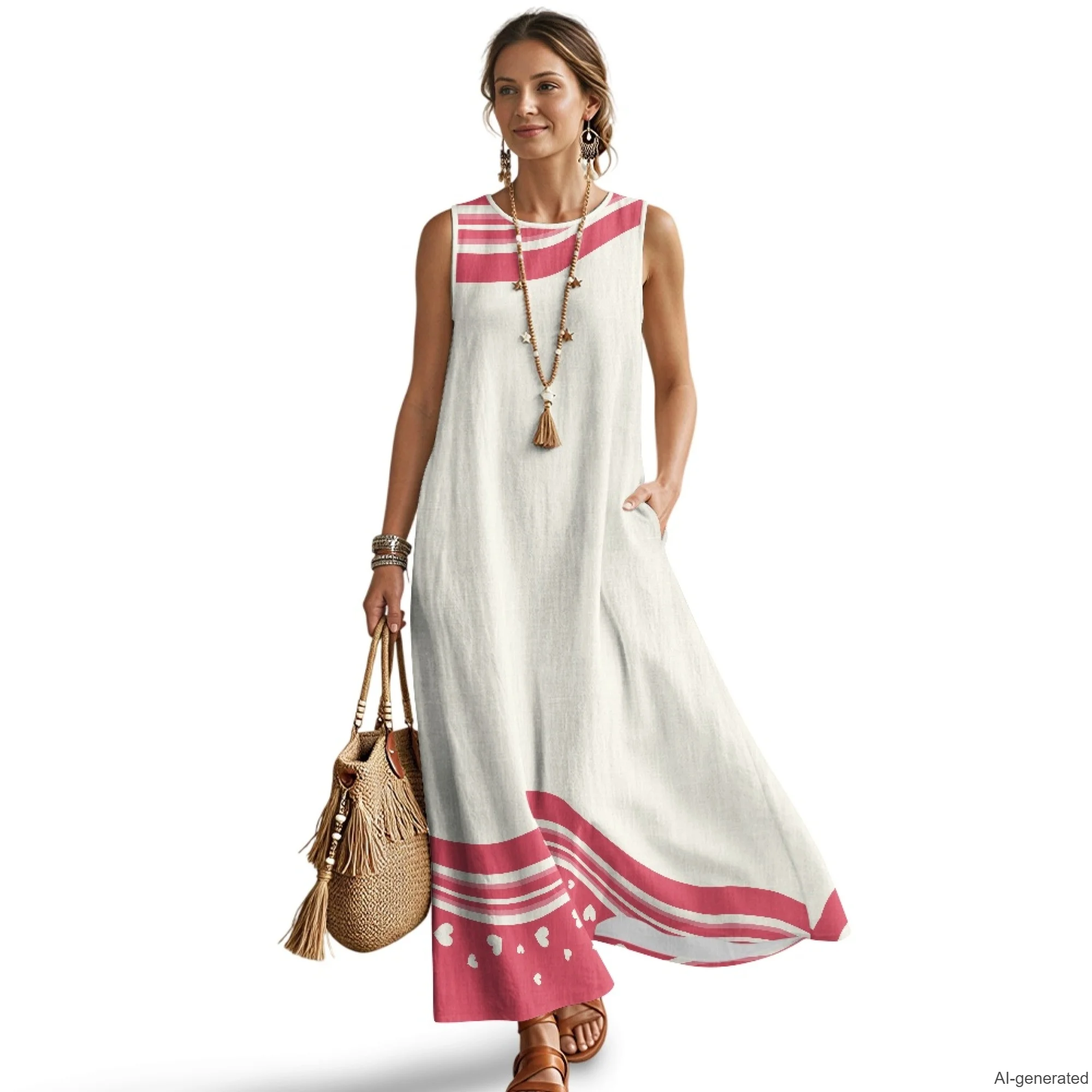 XIXIRIMIDO Women's Sleeveless Imitation Linen Dress O-Neck Gradient Heart Print Long Skirt with Pockets Ladies Summer Clothing