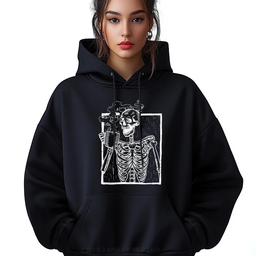 

Skeleton Vintage Smiling Skull Drinking Coffee Blank Hoodie Polyester Funny Hoodie Easter Day