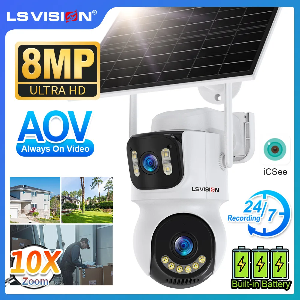 

LS VISION 4G AOV Solar Camera Three Screen Outdoor WiFi 10X Digital Zoom Auto Tracking Surveillance Cameras 24/7 Recording iCSee