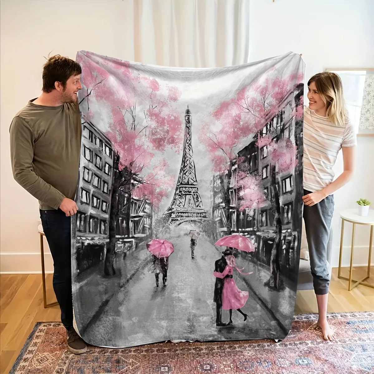 A Parisian-Themed Flannel Blanket Featuring The Eiffel Tower And Romantic Street Scenes, Embodying an Artistic And Healing Style