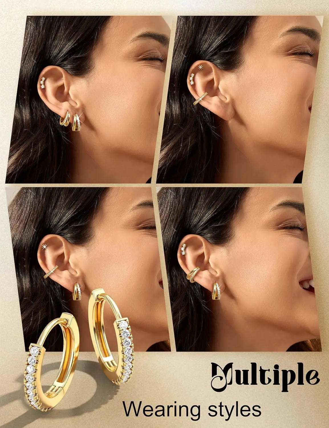 6pcs 14K Gold Plated Small Hoop Earrings for Women, Hypoallergenic Stackable Cartilage & Stud Earring Set for Multiple Piercings