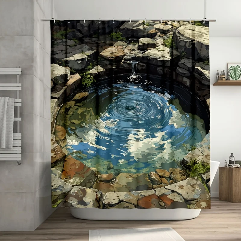 素朴な石の滝プールシャワーカーテン浴室装飾天然池アートホームバス防水カーテン-180x180cm