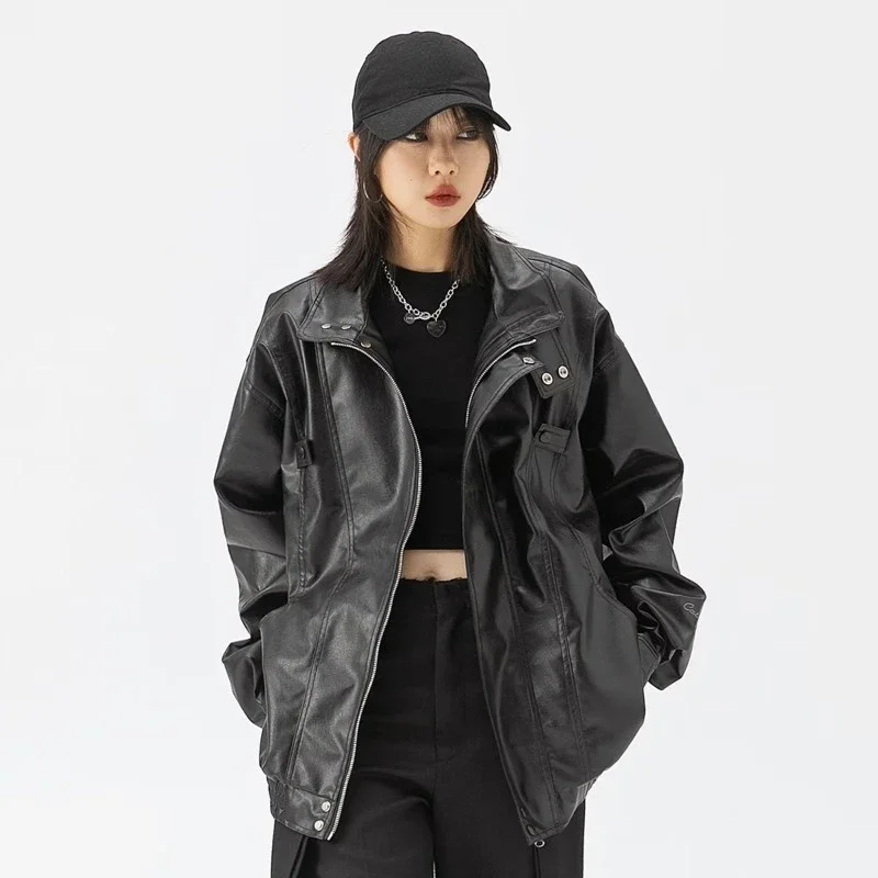 Vintage Women\'s Leather Jacket Oversize Korean Style Streetwear Moto Biker Zipper Jackets Gothic Casual Windbreaker