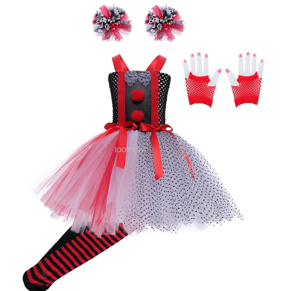 2024  Costume Creepy Clown Girls Halloween Costume Holiday Party Clown Girl's Dress Carnival Princess Dress Up