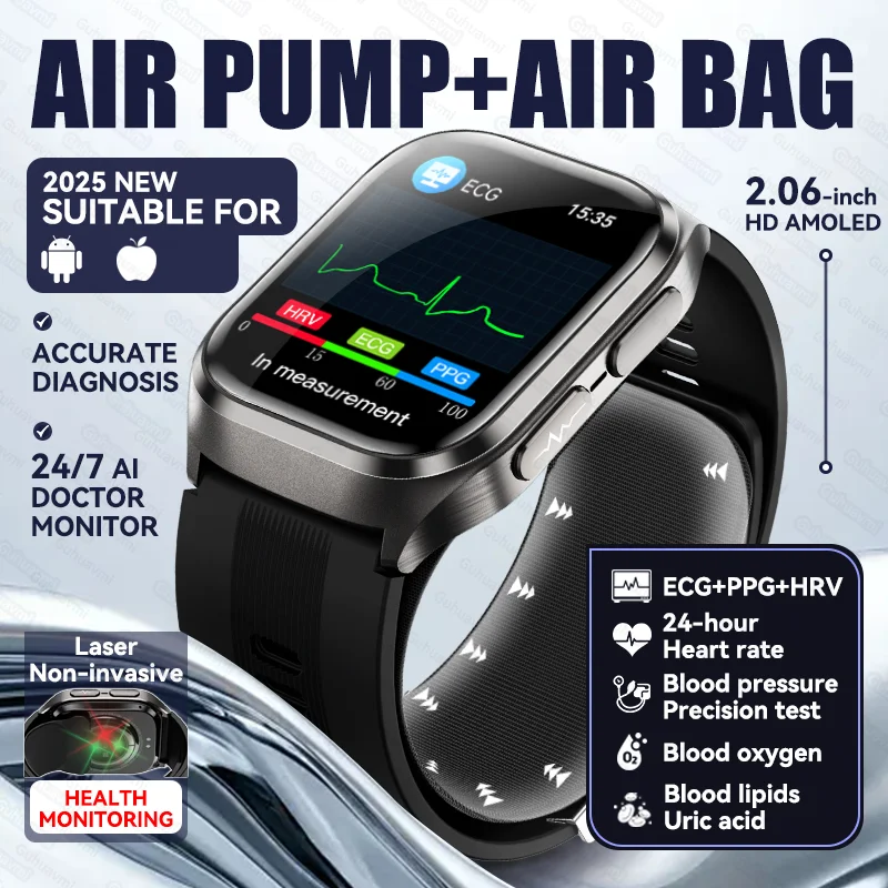 

New Men Airbag Air Pump ECG Blood Pressure Uric Acid Blood Fat Temp Health Monitor Bluetooth Call 2.06-inch AMOLED Smart Watch