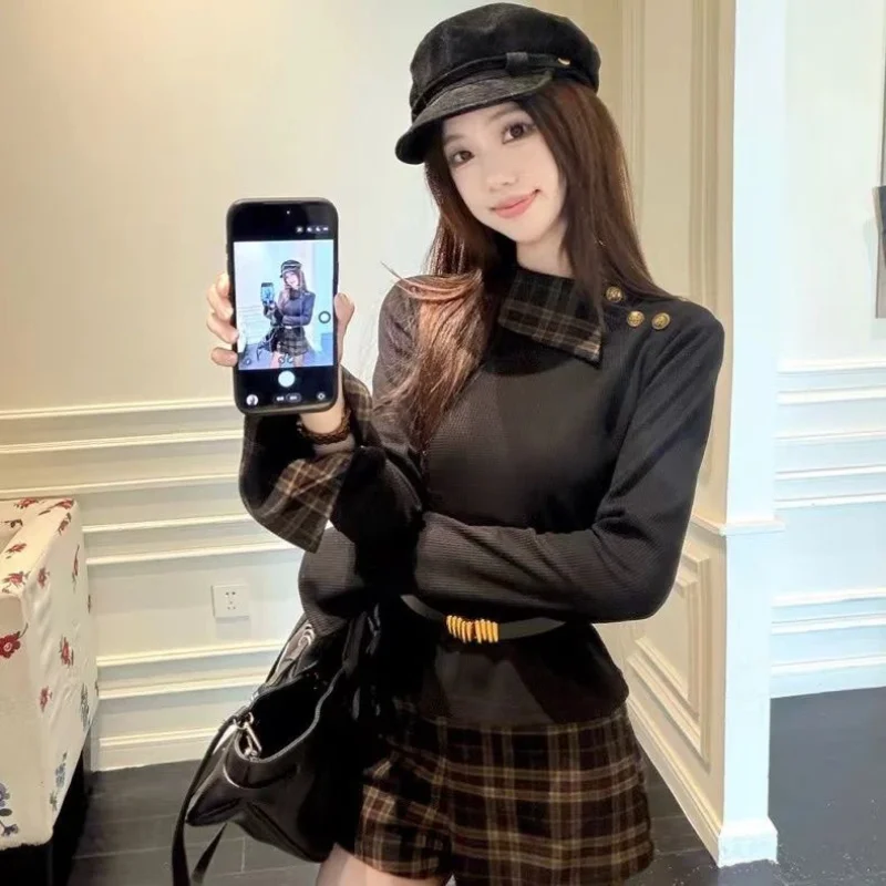 Contrast Plaid Splicing Irregular Collar Long-sleeved T-shirt for Women 2025 Autumn New Top