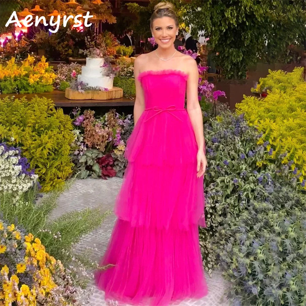 Aenyrst Rose Red Strapless Tulle Evening Dresses A Line Tiered Prom Gowns Floor Length Birthday Party Dress 2025 New customized