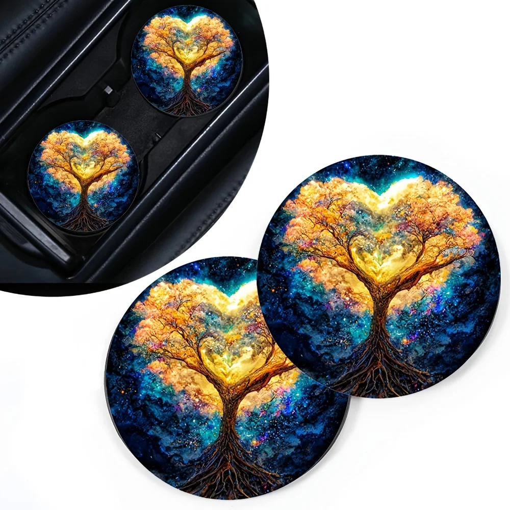Set Of 2 Car Cup Holder Coasters Featuring A Tree Of Life Design - Interior Additions For Car Cup Holders, Compatible With Vario