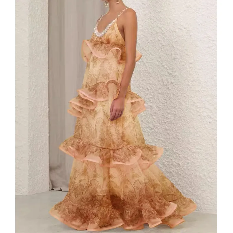 Sommer langer Rock Par Vaion Fairy Sle Pearl Embellied Svel Damen A-Linie Midi Dr mit Spitzenbesatz V-Ne