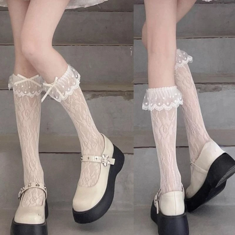 Women Sheer Ankle Socks Lolitas Bows Ruffle Frilly Crew Socks Sweet Student Sock