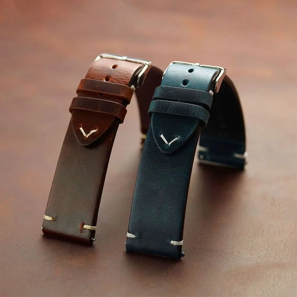 Comfortable 20mm Leather Strap Genuine Leather Handmade Quick Release Strap Adjustable Luxury Wristband Smartwatch
