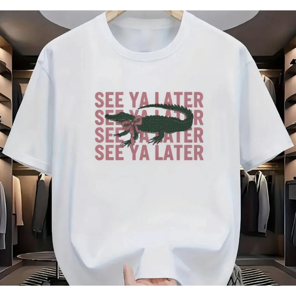 Women's Funny Alligator T-Shirt, SEE YA LATER Repeating Letter Print, Cute Green Crocodile Graphic Tee, Casual Short Sleeve