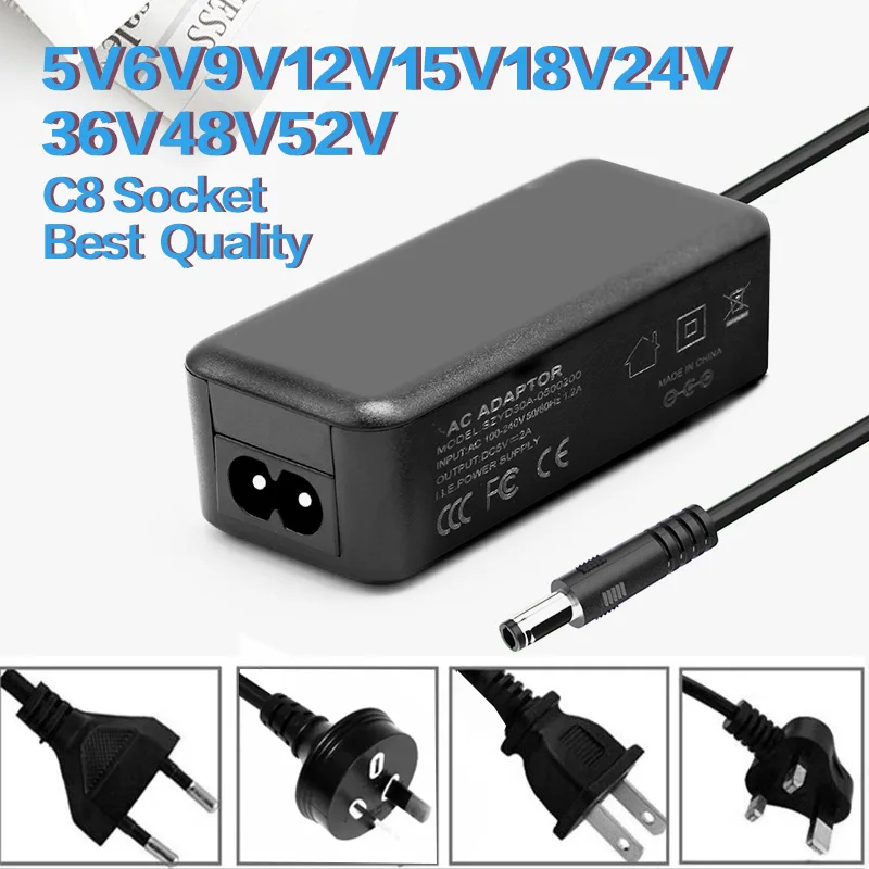 Best Quality AC100v-240v to DC5V 3A 6V3A 9V 3A 12V 2A 15V 2A 18V 24V 1A 36V 48V 52V Power Adapter C8 Socket 5.5*2.5/2.1mm