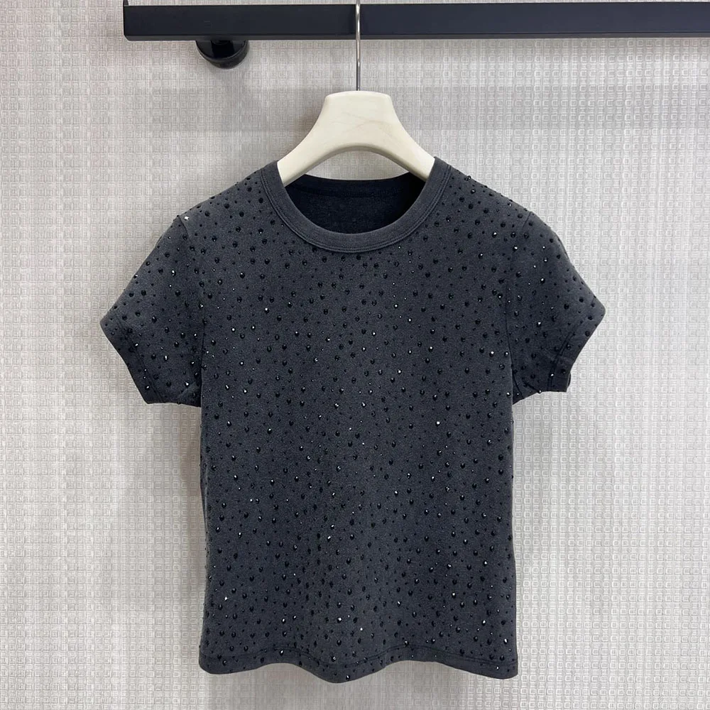 

High-quality 2026 new style women's fashionable short-sleeved top, slim-fit style with shiny diamond decorations xy150471