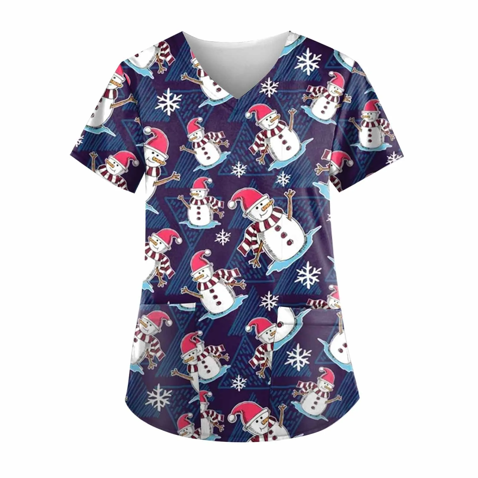 ナース制服女性クリスマスプリント通気性サンタクロース雪だるまパターン V ネック半袖トップスナース制服女性