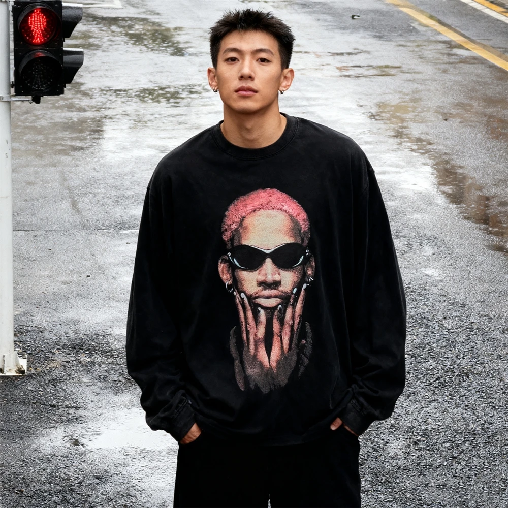 

KUCLUT American Style Best Quality BIG FACE Graphics Printed Tee Loose Oversize Tops Vintage Long Sleeves T Shirt Men Woman