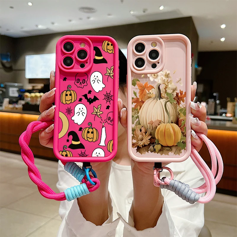 Halloween Pumpkin Ghost Soft Lanyard Rope Phone Case For iPhone 17 16 Pro Max 15 14 13 12 11 X XS XR 7 8 Plus 16E Silicone Cover
